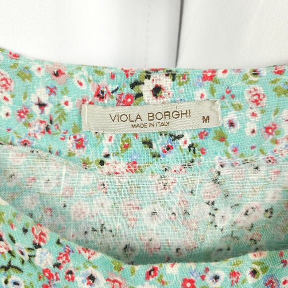 Viola Borghi Womens Medium 100% Linen Floral Short Sleeve Blouse Made In Italy - Picture 2 of 7
